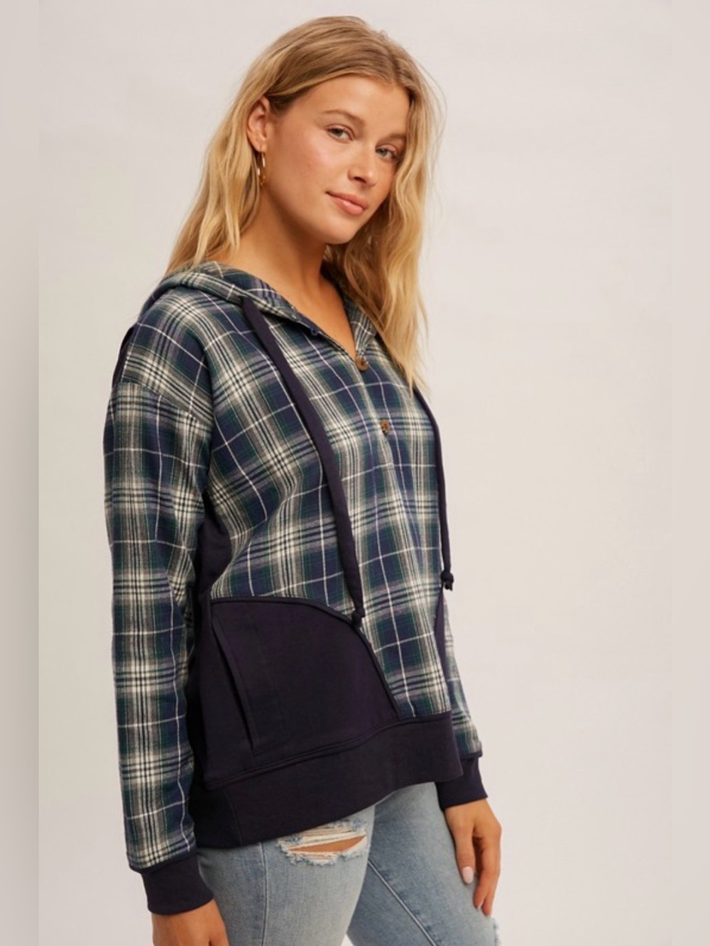 PLAID MIXED HALF PLACKET
HOODIE PULLOVER